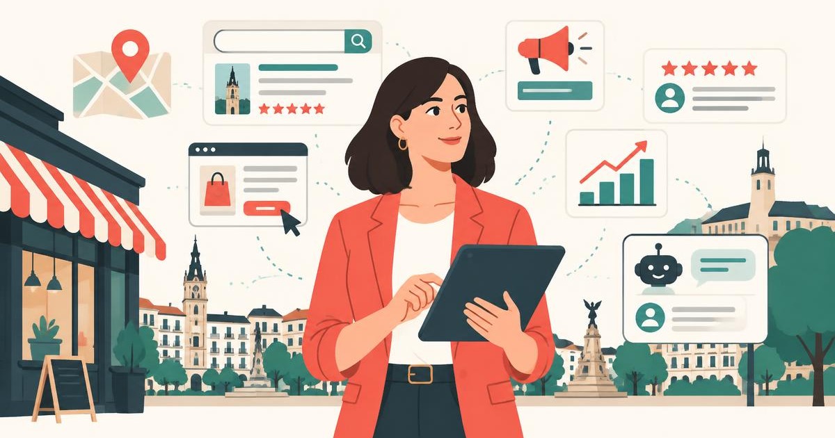 Empresaria de Vitoria-Gasteiz revisando una estrategia de marketing online con buscadores, reseñas, publicidad y chatbot